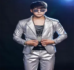 R63 Silver PU Men Suit Singer Stage Performance Wears DJ DJ Host Ballroom Dance Fantas