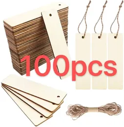 Holz leere Lesezeichen Rechteckform Hanging Tags unvollendete hölzerne Buchmarkierungen Ornamente mit Löchern und Seilen für DIY -Handwerk 240417