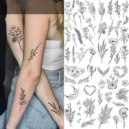 Sketch Flower Tattoo Sticker Rose Blossom Black and White temporary 240423