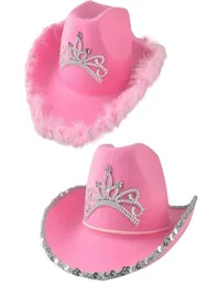 Wide Brim Hats Crown Pink Cowboy Caps Western Cowgirl Hat for Women Girl Feather Edge Shiny Sequins Tiara Cowgirl Hats Party Fedor7712487
