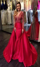VNeck Luxury Red Beading Mermaid Long Sleeves OpenBack Overskirt Evening Gowns Applique Lace Sexy Prom Dress graduation dresses2701989