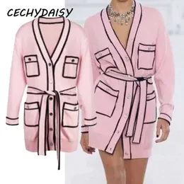 Pink Long Sweater Cardigans Runway Fashion V-Neck Long Sleeve Pocket Elegant Christmas Clothes With Sashes Sticked Outwear 210714 198g