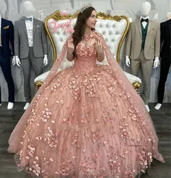 2024 Pink Quinceanera Dresses Sequins Pärlade 3D Floral Applique med Cape Corset Back Tulle Custom Sweet 15 16 Princess Pageant Ball Gown Vestidos 0431