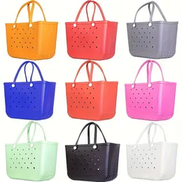 Bogg Bag Silicone Beach Bags 여성용 에바 대형 쇼핑 가방 여름 휴가 패션 파란색 흰색 분홍색 여성 저장 가방 펀치 바구니 방수 단색 he04 a