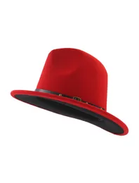 2020 UNISEX Flat Brim Wool Feel Fedora Hats z Pasem Czerwony Czarny Patchwork Jazz Formal Hat Cap Trilby Chapeau dla mężczyzn Women 1726550