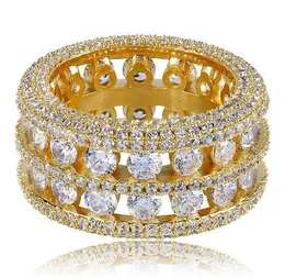 Mens 2 صف مجموعة Hollow 360 Bandity Band Gold Cz Bling Ring Full Miconds Micro Pave Set Stones Hip Hop Rings3494266