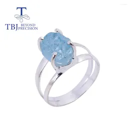 Кластерные кольца TBJ ручной работы натуральное аквамариновое грубое кольцо драгоценного камня 925 Серебряное серебро простой дизайн Fine Jewelry