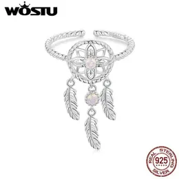 Bandringe Wostu 925 Sterling Silver Dream Catcher Open Ring Womens Pink Opal Party Stapelbar Anillo Holiday Jewelry Geschenk Q240429