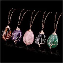 Colares de pingentes Colar de arame Tree Life Pingents Wrap Charms Natural Healing Stone Crystal Quartz com Gold Link Chain For Women Jew Dh8ph