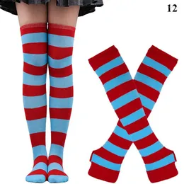 Women Socks Halloween Knee High Set Striped Arm Sleeve Christmas Thumbhole Gloves Cosplay Stocking Casual