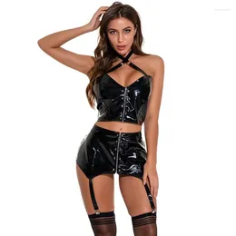 Bras Sets WOMEN SEXY WETLOOK PVC LEATHER CATSUIT 2 PIECE SET CROP TOP AND SHORT SKIRT CLUBWEAR FETISH EROTIC POLE DANCE CLOTHES