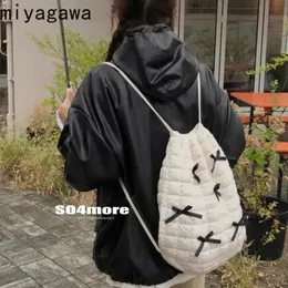 Miyagawa Korean Sweet Bow Lovely Checkered Cotton Autumnwinter Backpack Bag Fashion Chic Kawaii Girl Ryggsäckar 240430