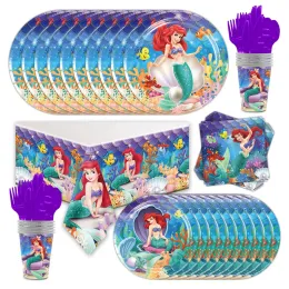 Netting New Style Little Mermaid Ariel Theme Girl Birthday Party Paper Plate Napkin Tablecloth Disposable Tableware Kids Baby Shower Dec