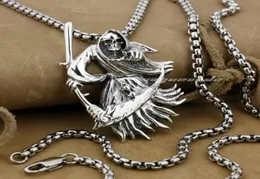 LINSION 925 Sterling Silver Large Grim Reaper Scythe Death Mens Biker Rock Punk Pendant 9H012 Stainless Steel Necklace 24 inches6697122