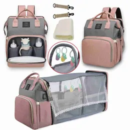 Bebek Bags Mommy Bebek Bebek Bezi Çanta Sırt Çantası Değiştirme Pad Gölge Sivrisinek Net Islak ve Kuru Taşıma USB Şarj Portu Bahçesi Asma Çanta Ücretsiz D240429