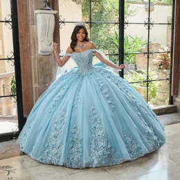 Sky Blue Princess Quinceanera Sukienki 2024 Off ramię 3D Kwique Koronkowe koraliki Tull cekiny koronkowe gorset vestidos 15 anos rosa