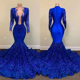 2022 Royal Blue Mermaid Dresses Prom Dresses Sparkly Lace Selevives Long Sleeves Black Girls African Celebrity Evening Vonger 0431