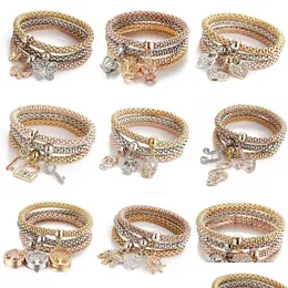 Braccialetti di fascino Braccialetti fascino 3 colori/set albero della vita Donne Crystal Crown Musical Symbol Elephant Key Lock Owl Bracciale per me dhx2h