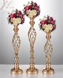 10pcs Gold Flower Vasen Kerzenhalter Rack Ständer Hochzeit Dekoration Road Lead Tisch Kernstück Säule Party Event Candlestick Y3246665