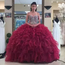 Bury Sweetheart Organza Quinceanera Ball Gown Beaded Rhinestones Layered Ruffles Sweep Train Priness Prom Dresses Vestidos 0430