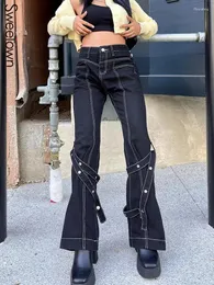 Kvinnors jeans goth hög midja blossad kvinna ögonband band punk streetwear lastbyxor kontrast sömmar koreanska denim byxor