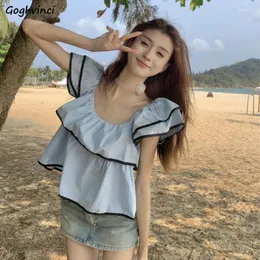 Kvinnors blusar Kvinnor Ruffles Crop Tops Summer Sweet Leisure Designed Bright Line Decoration Holiday Young Simple O-Neck Eesthetic