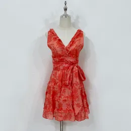 Women's dress linen red floral printed V-neck sleeveless gather waist backless vest mini dress
