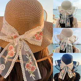 Berets лента Bow Straw Hat Hate Heathable вышитая цветочная одежда с широкой кусочкой.