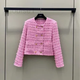 Kvinnorjackor Designer Brand Spring 2024 Ny grov tweed tredimensionell lyxpår Peach Pink Plaid kortjacka Temperament Top för kvinnor 52o1