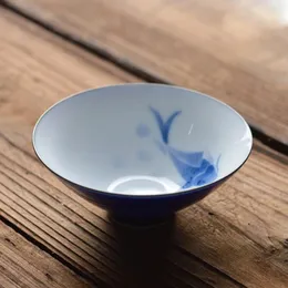 Tea Cups Blue Glazed Hat Cup Underglaze Colorful Orchid Large Bowl Master Carp Ceramic NOYZ48