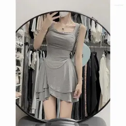 Work Dresses Spicy Girl Sweet Irregular Sling Tank Top Cake Skirt Two Piece Set Women Collarbone Sleeveless College Solid Slim Summer Suit