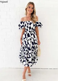 Party Dresses Yojoceli Summer Women Print Floral Long Beach Dress Casual Square Neck Shirred Midi Fitness Ruffle Chiffon