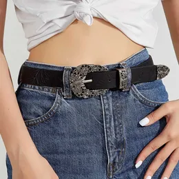 Belts 1 piece womens retro western style denim embellished hollow buckle retro floral embossed PU belt for daily wear and travel