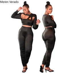 Meren Verado Frühling Winter Frauen Pant Set Long Sleeve Hollow Out Crop Top und Anzug Jogger zwei 2 -teilige sexy Clubwear 240423