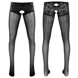 Men's Socks Sissy Men Lace Top Sheer Crotchless Glossy Pantyhose Tights Stockings Long Pants Lingerie Underwear Hosiery Plus Size 283b