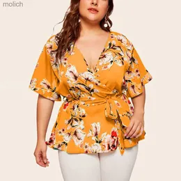 تي شيرت نسائي كبير L-5XL Womens V-nock قصيرة الأكمام المطبوعة شيفون قميص الخصر الدانتيل فضفاضة شيفون أعلى ركاب القديم الدانتيل حتى السوستة topwx