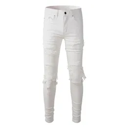 Sokotoo Mens White Stretch struck jeans jeans slim skinny patchwork patchwork pants 240420