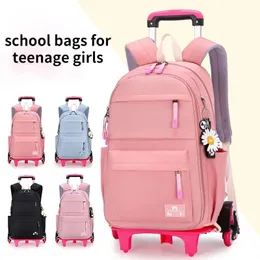 Orthopädische Schultasche Kind mit Rädern wasserdichte Grundstudent Rucksack Reisetablack für Teenager Girls Trolley Schoolbags 240429