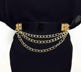 Belts Punk Gold Chain Belt Women Dress Litchi Pattern Buckle Elastic Corset Ladies Pu Leather Waistband1539368
