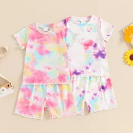 Kläduppsättningar Småbarn Baby Girl Summer Outfit Tie-Dye Print Round Neck Short Sleeve Tops and Shorts 2pcs Clothes Set Children