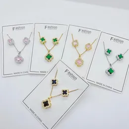 Luxury Clover Earrings Necklace Set Women 4 Four Leaf Design Fashion Party Wedding Jewelry Gold Silver Pink Green Black Cubic Zirconia Stud Pendant Necklaces Gifts