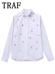 TRAF 2024 봄 여성 패션 우아한 흰색 블라우스 라펠이 중공 슬림 셔츠 여자 캐주얼 스트리트웨어 무지르 블루사 사무실 레이디 240424