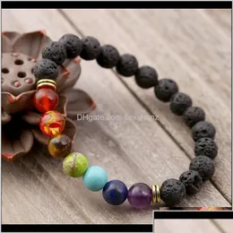 Charm Bracelets Charm Jewelrykimter Black Volcanic Lava Bracelet 7 Chakra Natural Stone Essential Oil Diffuser Bracelets Yoga Beads Je Dhkk8