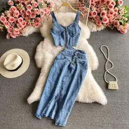 Skirts Summer retro womens denim set pendant short vest top+high waisted denim skirt 2PCS set womens ultra-thin jeans set XW