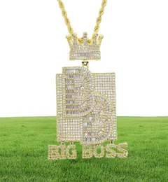 Big Boss Letter Crown Pingente Colar Inicial com Cadeia de corda Iced Out Bling 5A Cubic Zircon Hip Hop Men Jeia de menino Whole5320753