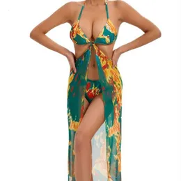 ملابس السباحة النسائية Biniki 2024 جديدة غير منتظمة للألعاب النارية المطبوعة مثيرة كارديجان طويلة فستان
