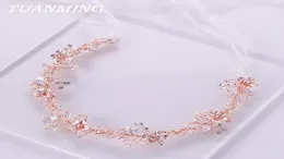2021 Rose Gold Flower Pearl Headband Jewelry Tiara Wedding Bridal Princess Hair Crystal Bride Head Dress7207151