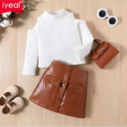 Kläderuppsättningar Iyeal Fashion Girl Clothes Elegant Princess Kids Turtleneck Off Axla Tops T-shirt PU kjolar kostymer 2st