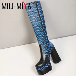 Stiefel Mili-Miya Women Women Chunky Heels Plattform Knie hoch sexy gemütliche Runde Zehen weibliche Zip Patchwork Nacht Club Schuhe große Größe 34-43