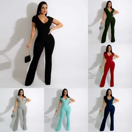 Women Clubwear Jumpsuits Designer Clothing 2024 Summer Slim Sexy Fashion Ladies Rompers Solid Color V-Neck flared Pants Short Sleeve Bodysuit